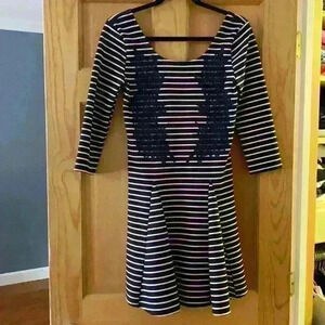Free People Nautical & Knotty Dress Lace Striped Navy Blue